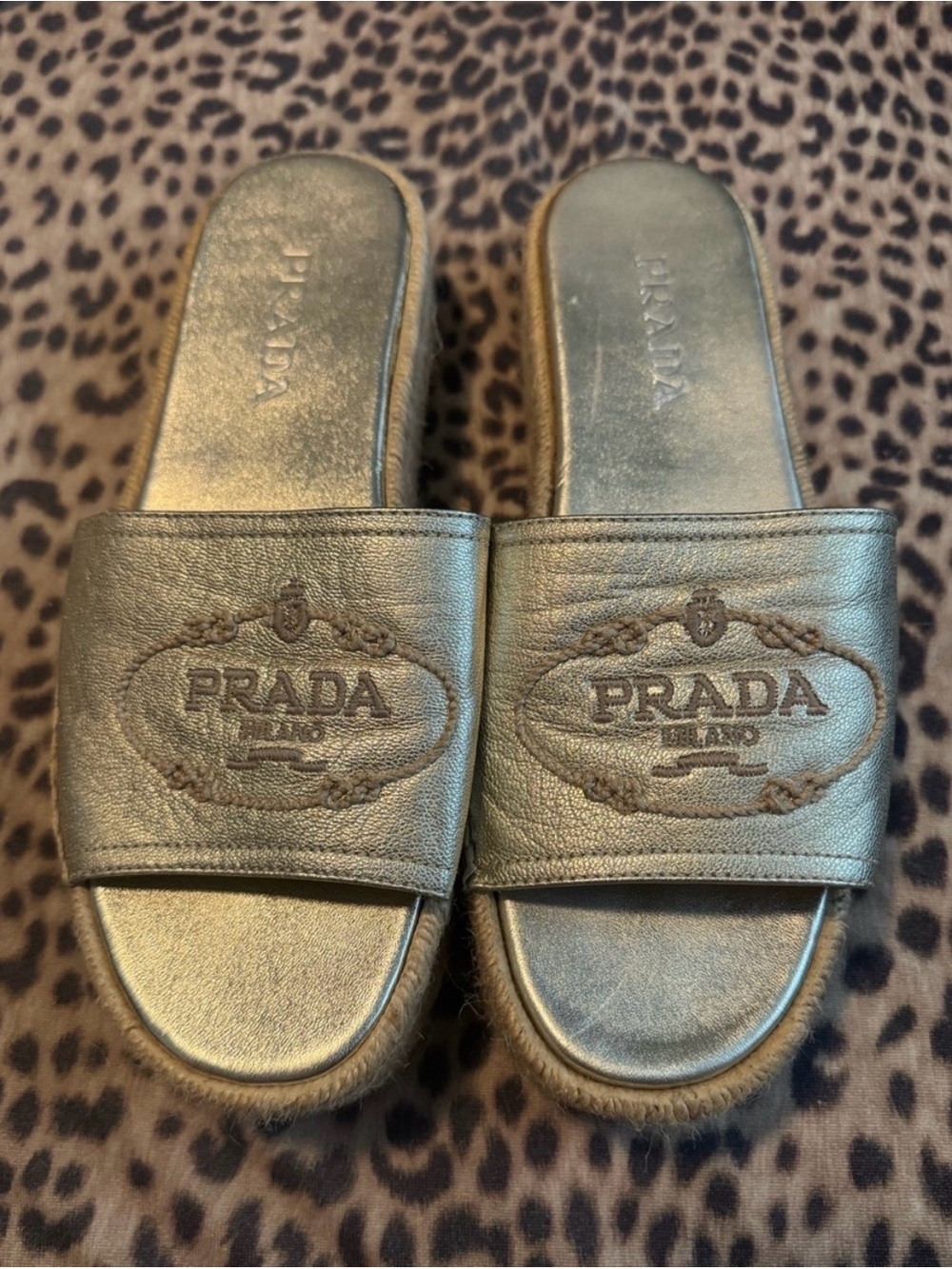 Prada Slide Sandals in Gold and Cream
